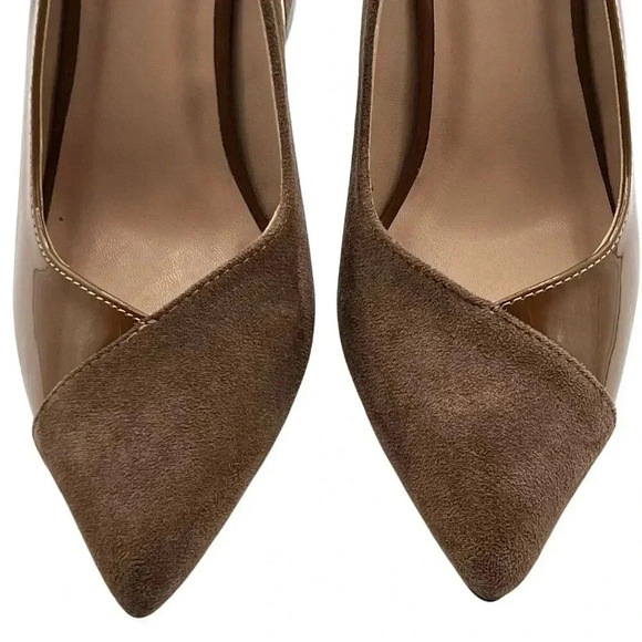 Torgeis NEW Womens 7.5 Block Heel Pumps Brown Suede & Patent Leather Minimalist - Picture 5 of 16